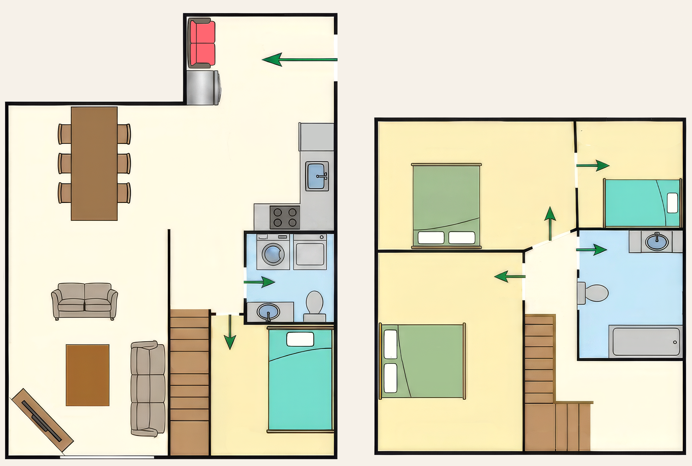 Floor plan of A River Valley Home — main level left, upper level right
